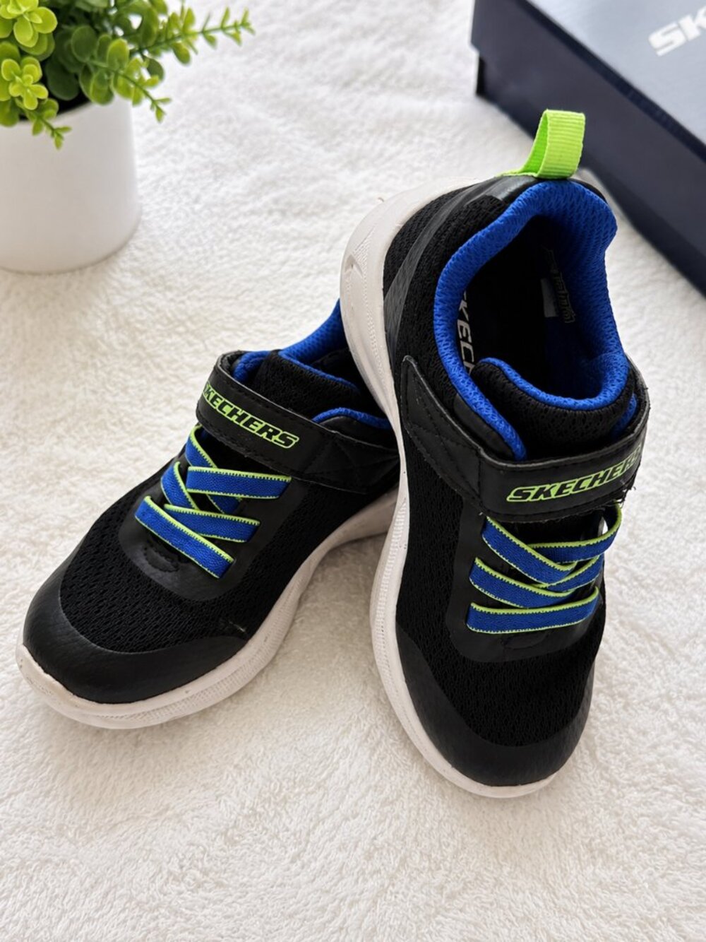 SKECHERS Kids Black Blue Green Sneakers Hook & Loop Athletic Shoes